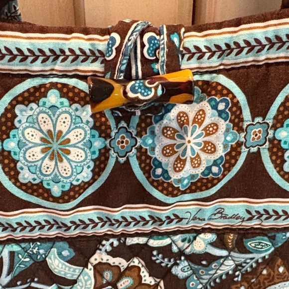 Vera Bradley Java Blue Brown and Blue Cotton Tote Bag with Tortoise Shell Toggle - Picture 2 of 7